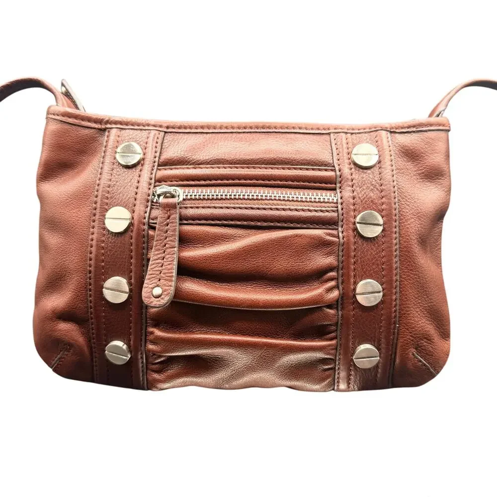 B Makowsky Brown Leather Crossbody Bag Studded Ruched Pocket Purse